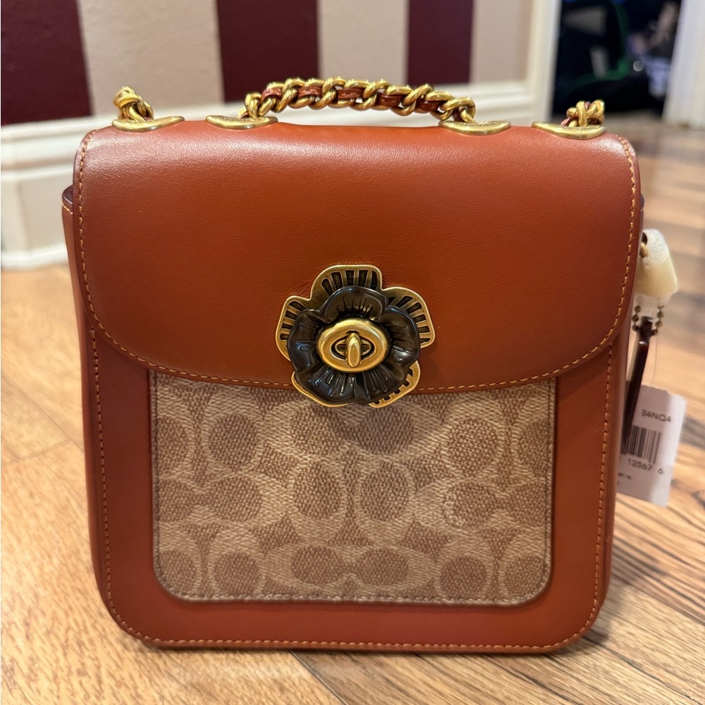Coach Tan and Brown Crossbody Bag with Gold Accents